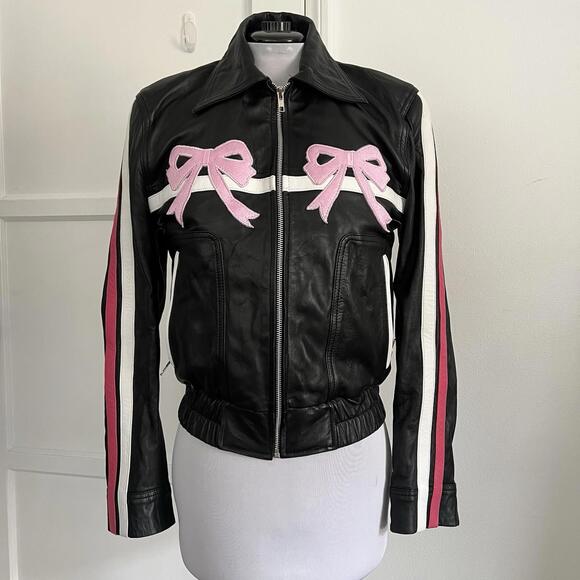 Jackets & Blazers - Jackets Junction Real Leather Bomber Jacket M Black Pink Bow Coquette Biker